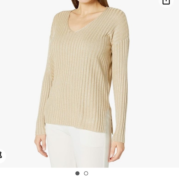 NWT VINCE CAMUTO MATALIC GOLD RIBBED STRIPE LUREX V NECK SWEATER - Picture 1 of 11